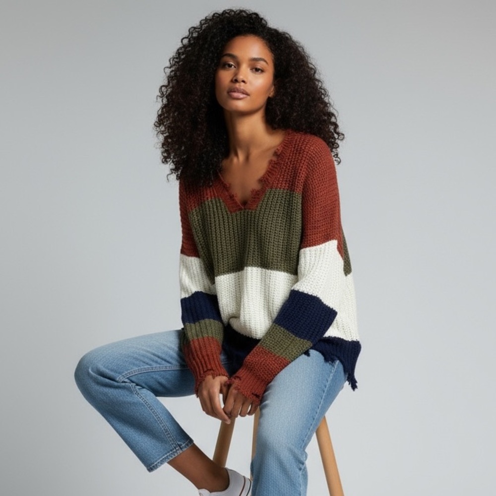 EE: SOME - STYLE #SK2067 COLOR BLOCK‎ TATTERED DISTRESSED LOOSE KNIT SWEATER B6 - Picture 2 of 9